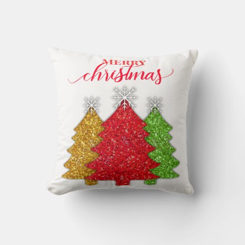 Sparkling red gold green Christmas tree snowflake Throw Pillow