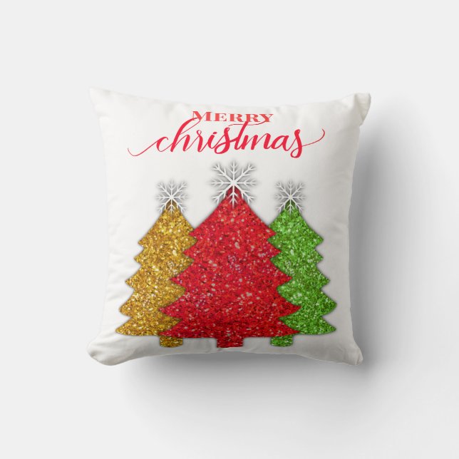 Sparkling red gold green Christmas tree snowflake Throw Pillow (Front)