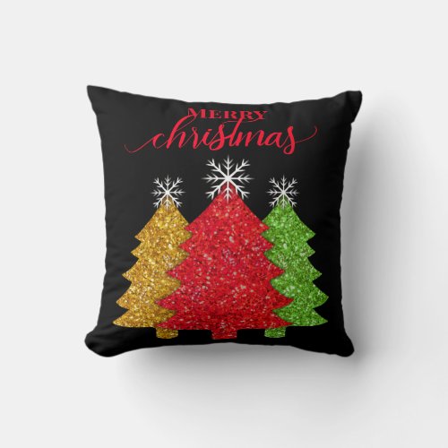 Sparkling red gold green Christmas tree snowflake Throw Pillow