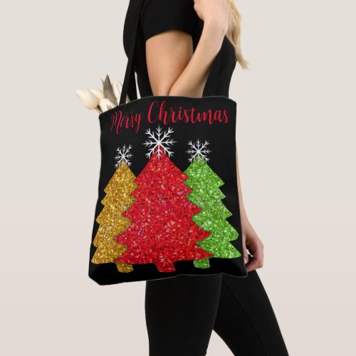 Sparkling red gold green Christmas tree snowflake Tote Bag