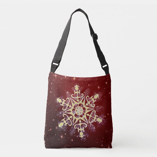 Sparkling Red & Gold Snowflake Christmas Crossbody Bag (Front)