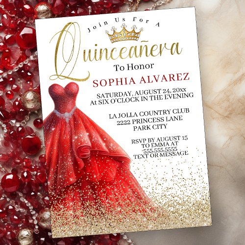 Sparkling Red Gown Quinceanera  Invitation