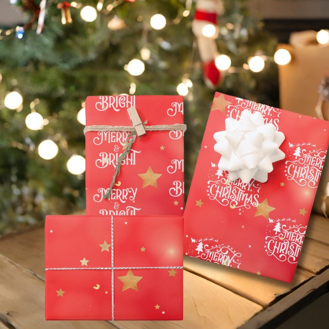 Sparkling Red Star Merry Christmas  Wrapping Paper Sheets (Creator Uploaded)
