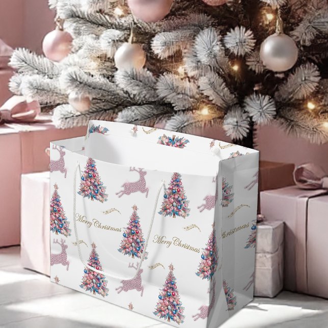 Sparkling Reindeer and Pastel Christmas Trees Pink Large Gift Bag (Sparkling Reindeer and Pastel Christmas Trees Pink Large Gift Bag by ithe Olde Christmas Shoppe)