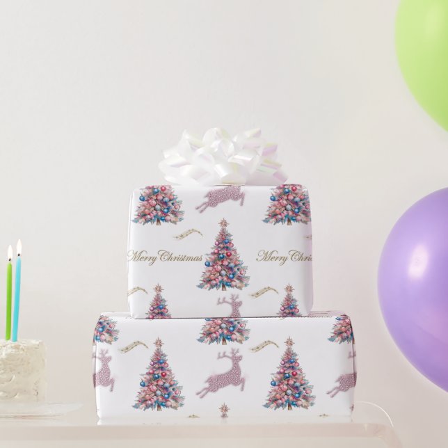Sparkling Reindeer Pastel Pink Christmas  Wrapping Paper (Party Gifts)