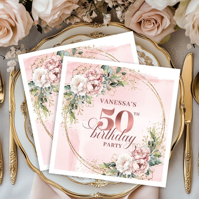 Sparkling Rose Gold Blush Flowers 50th Birthday  Napkins (Sparkling Rose Gold Blush Flowers 50th Birthday Dinner Napkins

)