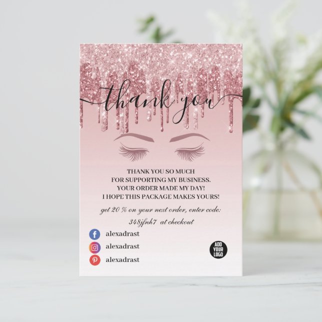 Sparkling Rose Gold Faux Glitter Thank You Card (Standing Front)