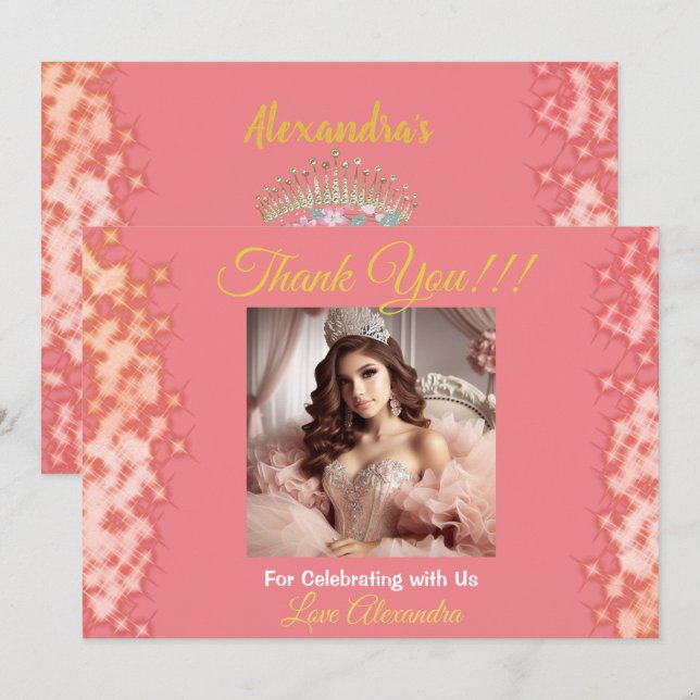 Sparkling Rose Gold Quinceañera Princess Spanish Thank You Card (Front/Back)
