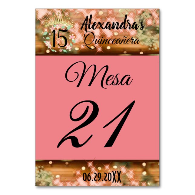 Sparkling Rose Gold Spanish Quinceañera Princess  Table Number (Front)