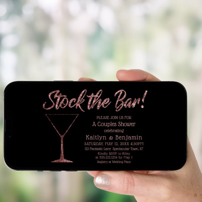 Sparkling Rose Gold Stock the Bar Couples Shower Invitation (Front Digital)