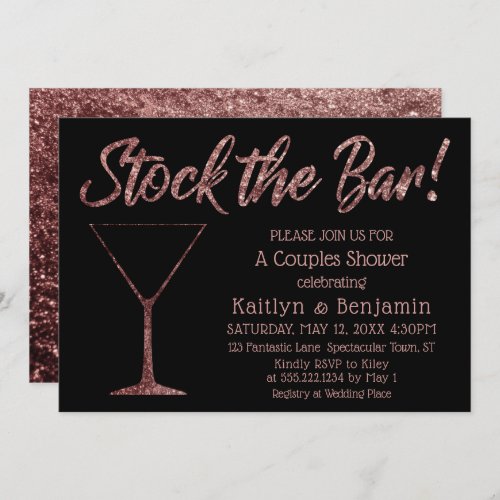 Sparkling Rose Gold Stock the Bar Couples Shower Invitation