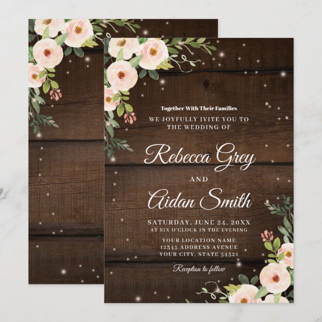 Sparkling rustic floral Wood Wedding  Invitation (Front/Back)