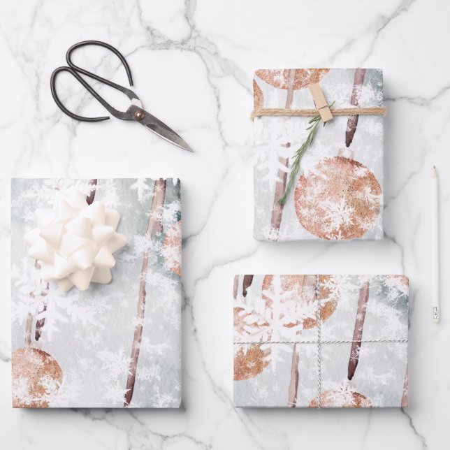 Sparkling Salmon Pink Ball Ornament Snowflakes Wrapping Paper Sheets (Front)