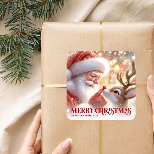 Sparkling Santa Rudolph Personalized Christmas   Square Sticker (Sparkling Santa Rudolph Personalized Christmas Sticker)