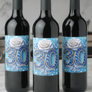 Sparkling Sapphire Diamond and Rose 30th Birthday Wine Label