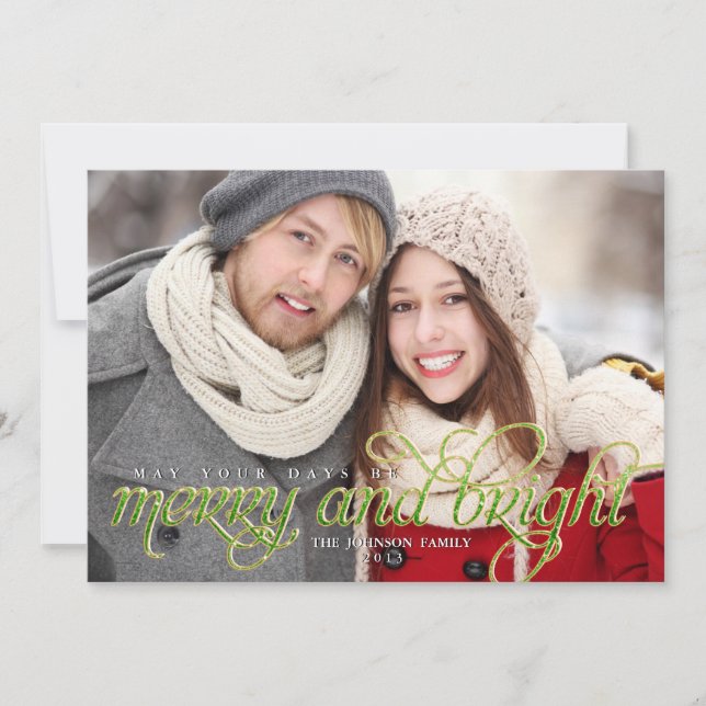 Sparkling Script Merry and Bright Holiday Card (Front)
