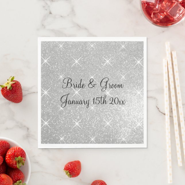 Sparkling silver glitter glitzy gala theme wedding napkins (Insitu)