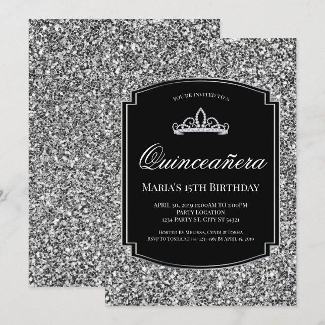 Sparkling Silver Glitter Quinceañera Invitations (Front/Back)