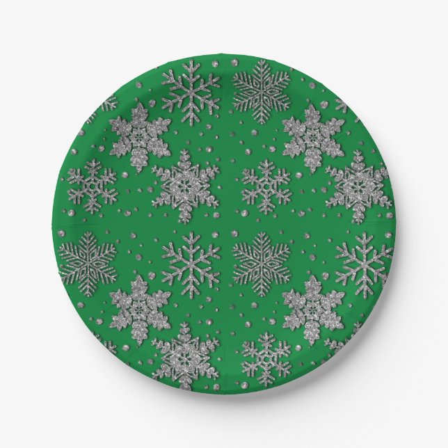 Sparkling silver glitter snowflakes     paper plates (Front)
