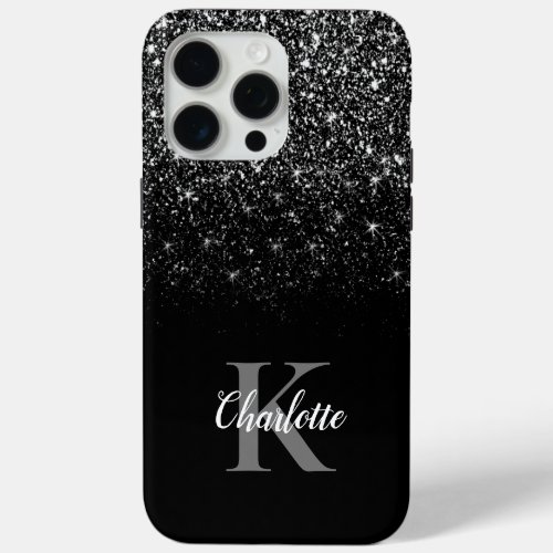 Sparkling Silver Ombre Glitter on Black Background iPhone 15 Pro Max Case