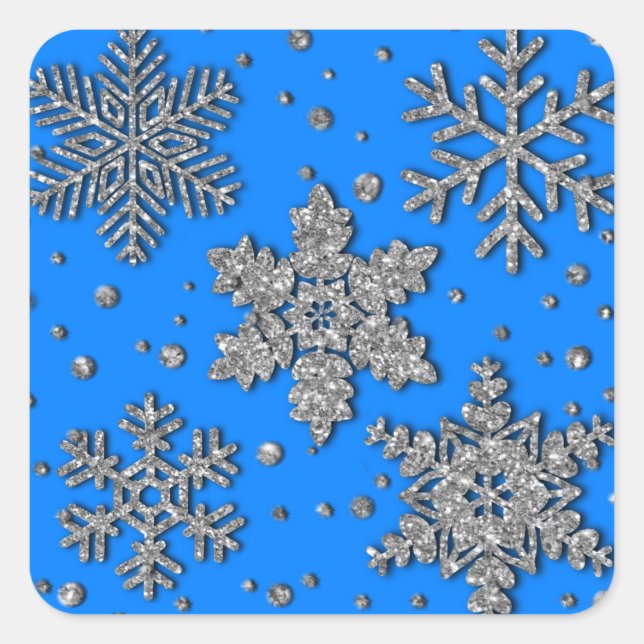 Sparkling silver snowflakes, holiday pattern  square sticker (Front)