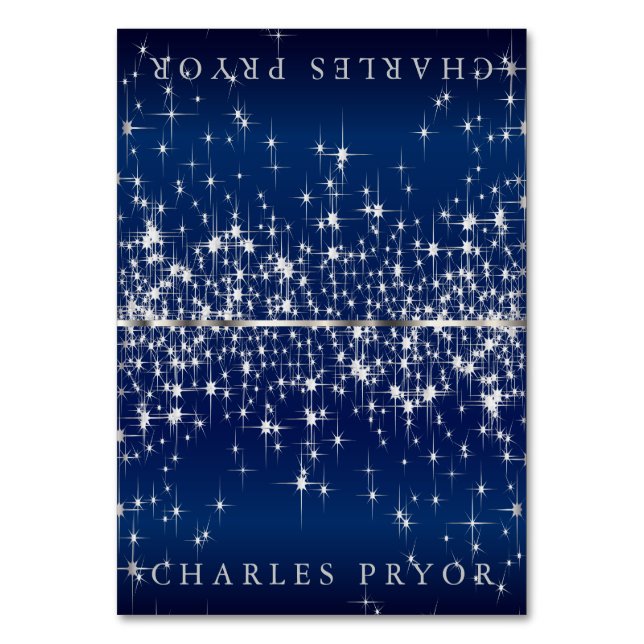 Sparkling Silver Stars on Blue Satin Name Cards (Front)
