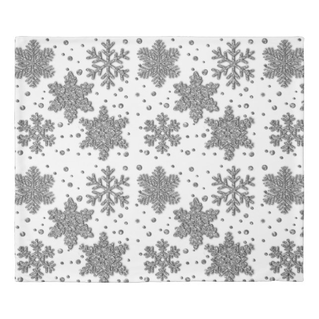 Sparkling silver tinsel snowflakes holiday pattern duvet cover (Front)