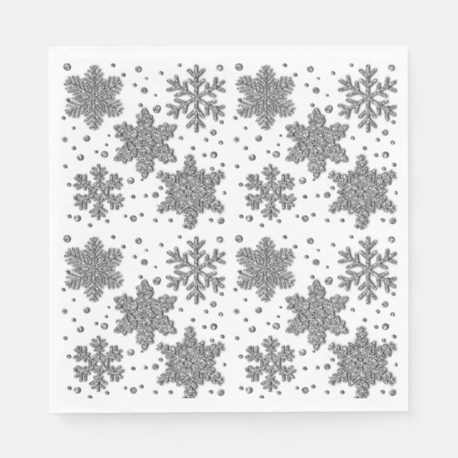 Sparkling silver tinsel snowflakes holiday pattern napkins (Front)