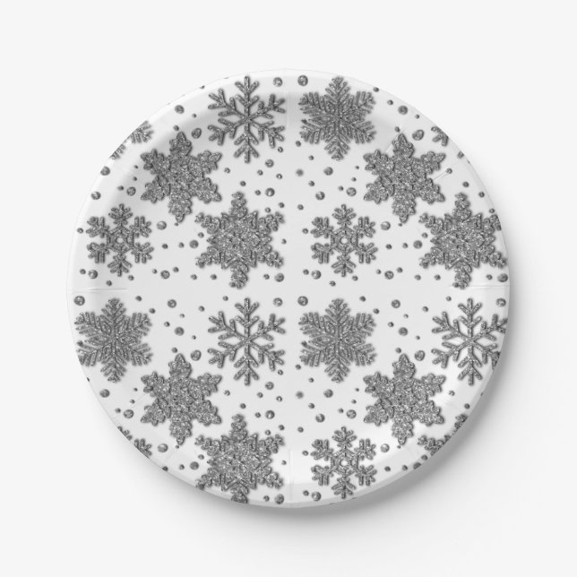 Sparkling silver tinsel snowflakes holiday pattern paper plates (Front)