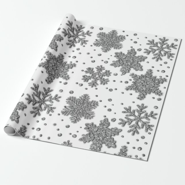 Sparkling silver tinsel snowflakes holiday pattern wrapping paper (Unrolled)