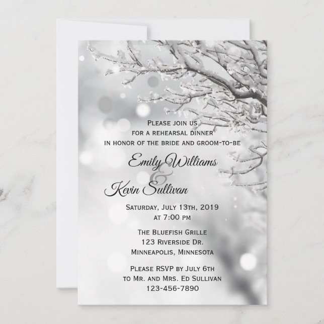 Sparkling Snow and Ice Winter Rehearsal Dinner Invitation (Front)