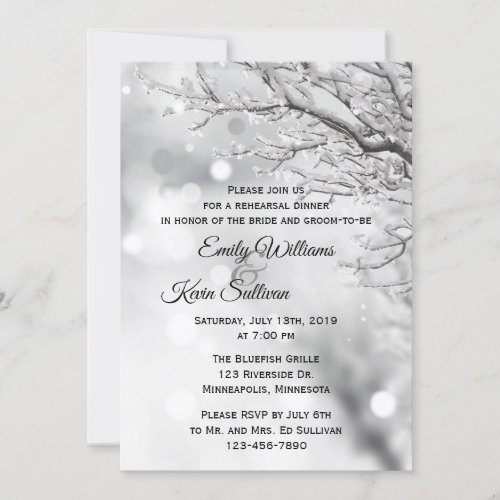 Sparkling Snow and Ice Winter Rehearsal Dinner Invitation