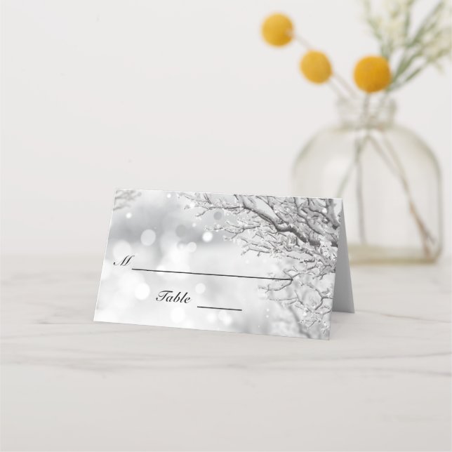 Sparkling Snow and Ice Winter Wedding Folded Place Card (Front)
