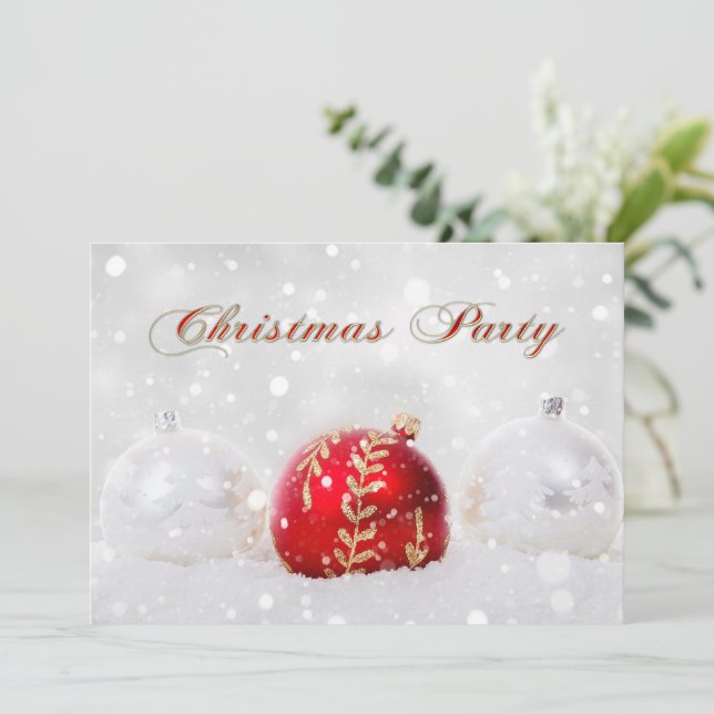 Sparkling Snow Christmas Baubles Party Invitation (Standing Front)
