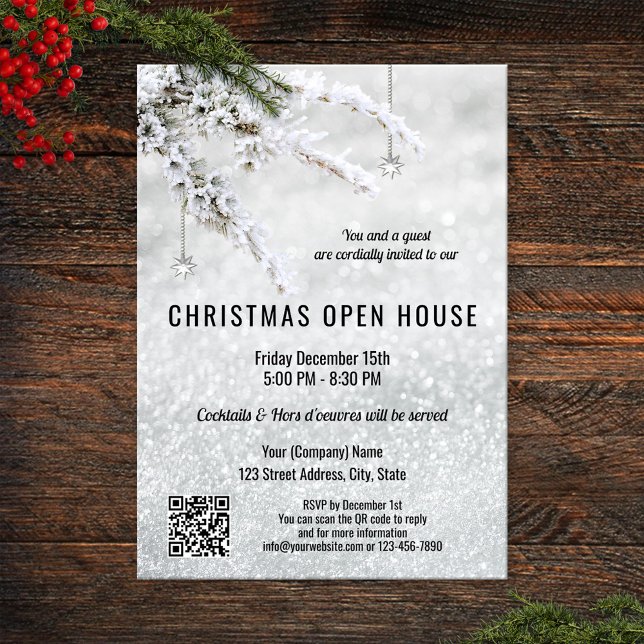 Sparkling Snow Christmas Company Open House QR  In Invitation (Christmas open house party invitation with an elegant silver snow design and QR code template)