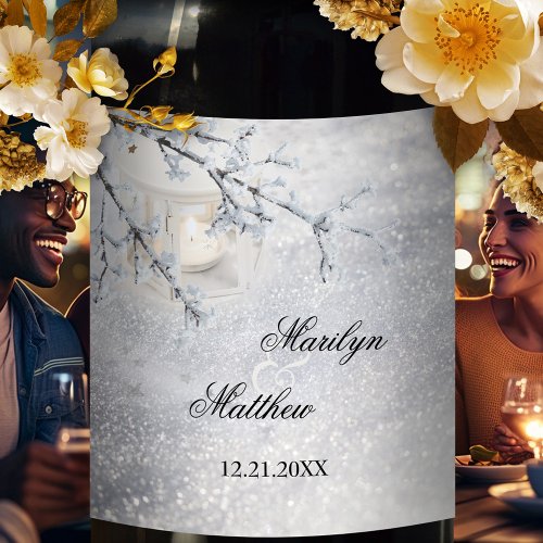 Sparkling Snow Christmas Winter Wedding Wine Label