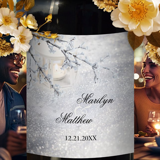 Sparkling Snow Christmas Winter Wedding Wine Label (Wedding wine label featuring sparkling snow with a candle lit lantern and snow covered branch)