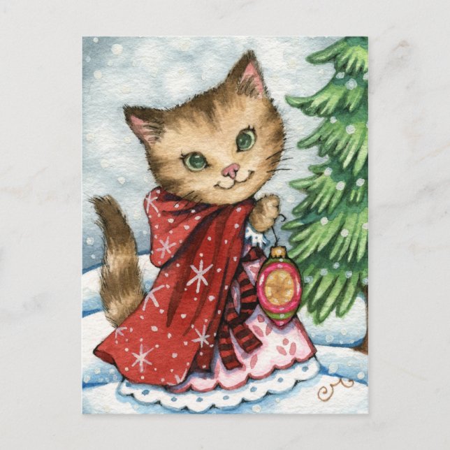 Sparkling Snow - Cute Christmas Cat Postcard (Front)
