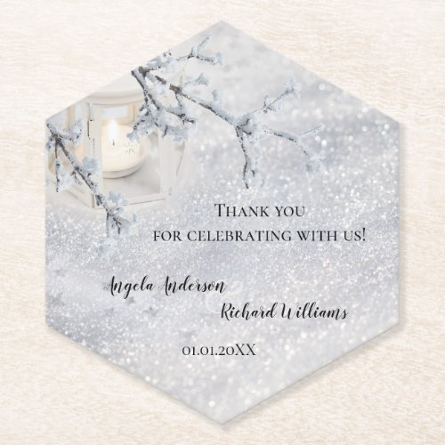 Sparkling Snow Lantern Winter Wedding Paper Coaster