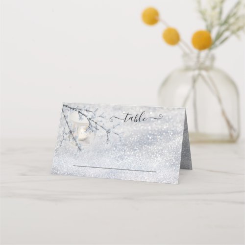 Sparkling Snow Lantern Winter Wedding Place Card