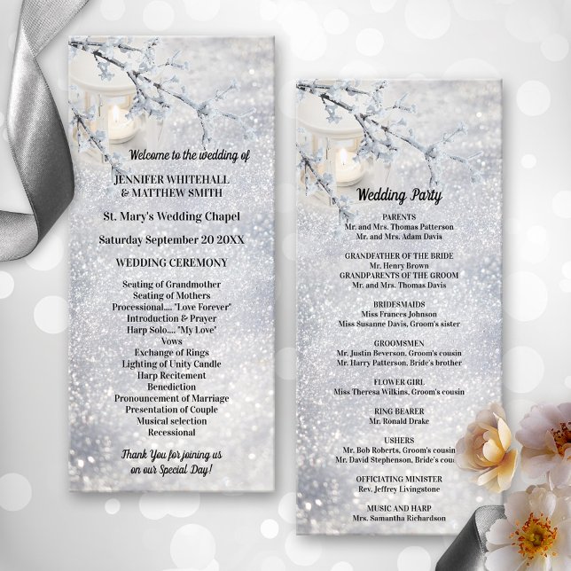 Sparkling Snow Lantern Winter Wedding  Program (Elegant wedding program with a candle lit lantern in sparkling snow. Beautiful for a winter wedding.)