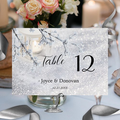 Sparkling Snow Lantern Winter Wedding Table Number