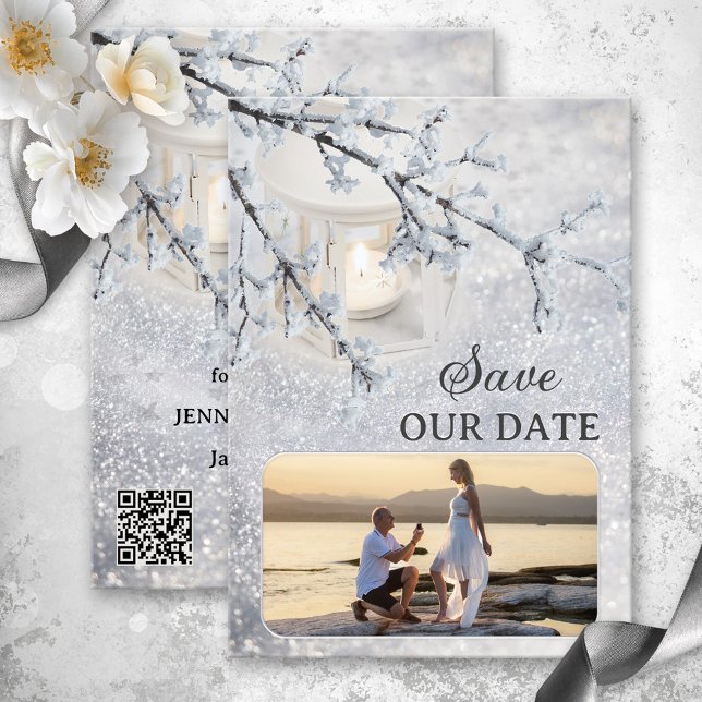 Sparkling Snow Photo Winter Save the Date Card (Photo winter wedding Save the Date card featuring a candle lit lantern in sparkling snow - QR code)