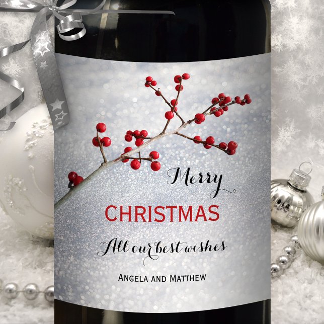 Sparkling Snow Red Berries Christmas Wine Label (Festive wine label featuring red berries on sparkling snow )