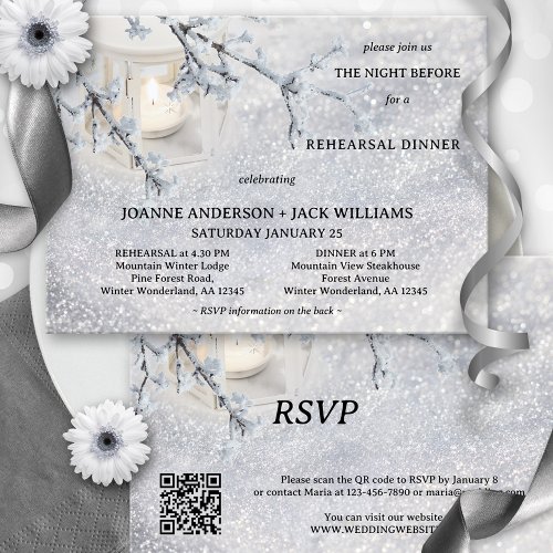 Sparkling Snow Winter Lantern Rehearsal Dinner Invitation