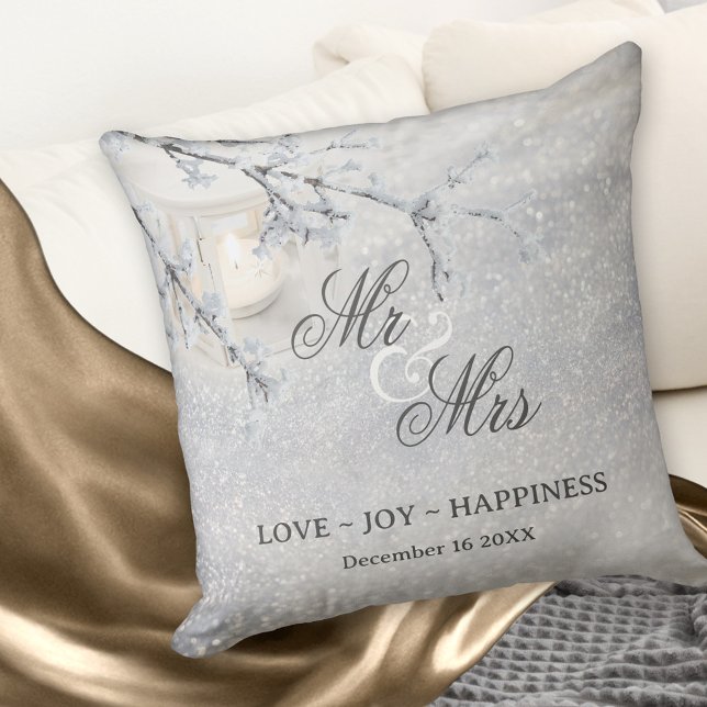 Sparkling Snow Winter Wedding or Anniversary Throw Pillow (Winter wedding pillow featuring a candle lit lantern in sparkling snow.)