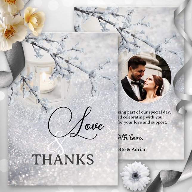 Sparkling Snow Winter Wedding Photo Thank You Card (Winter wedding Thank You card featuring a candle lit lantern in a sparkling snow with custom photo)