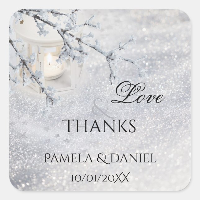 Sparkling Snow Winter Wedding Thank You Sticker (Front)