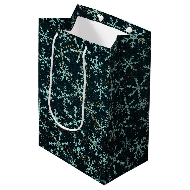 Sparkling Snowflakes White Blue in Black Night Sky Medium Gift Bag (Front Angled)