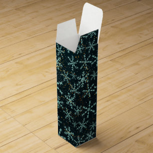 Sparkling Snowflakes White Blue in Black Night Sky Wine Box